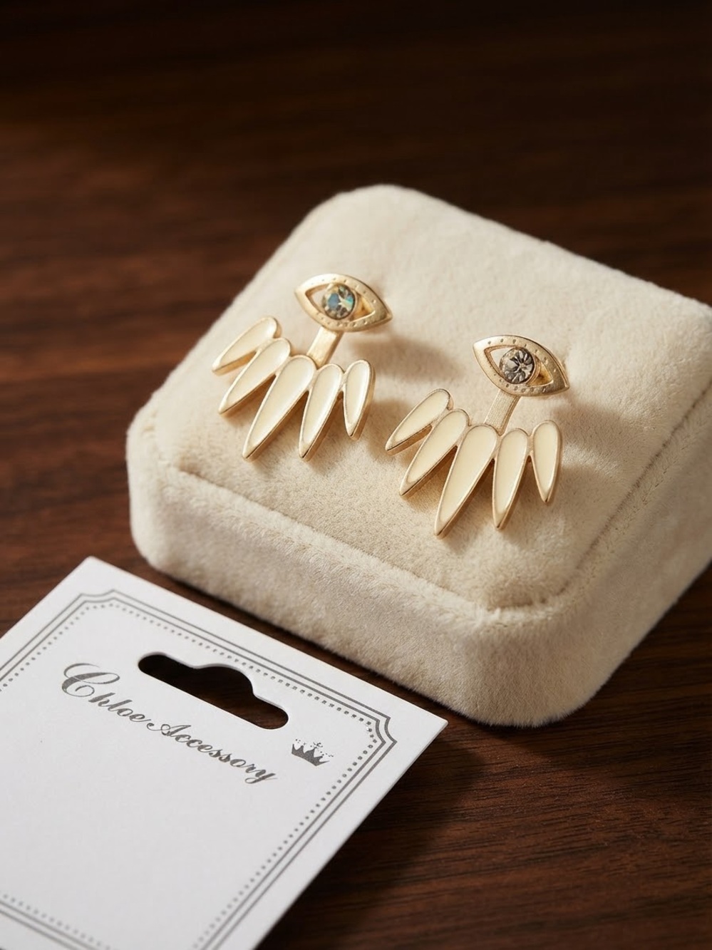 Chloe Gold and Cream Eye Fringe Stud Earrings
